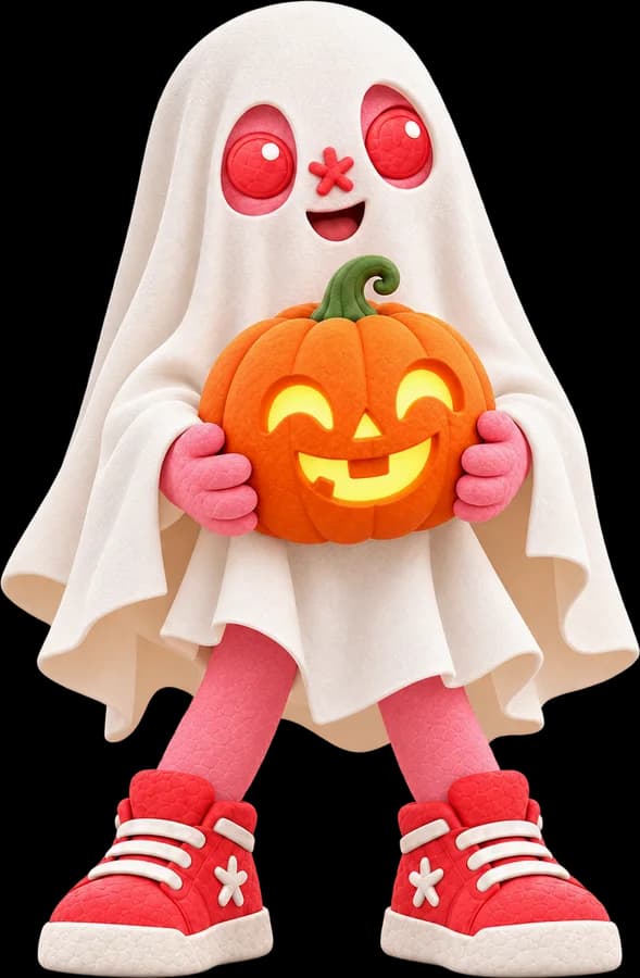 A little ghost holding a smiling jack-o'-lantern