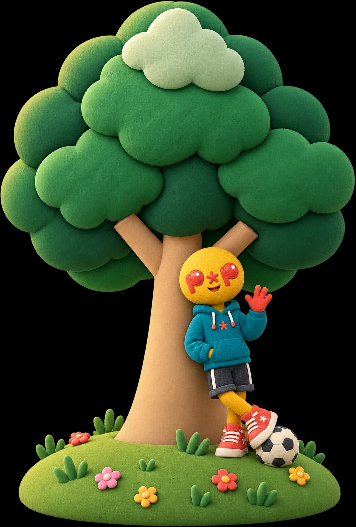 Pop leaning on the Play Pop tree, waving hello, his foot on a football