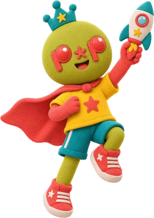 A Pop crew friend in a cape, flying a toy rocket